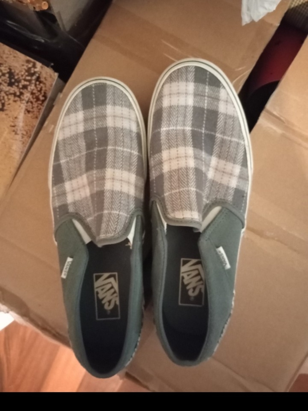 Vans Plaid Slip-On Sneakers in Gray and Green
